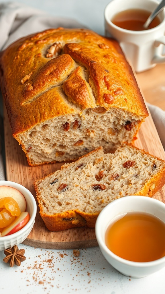 A loaf of applesauce bread sliced on a cutting board, showing its moist texture with walnuts and raisins, accompanied by applesauce and tea.